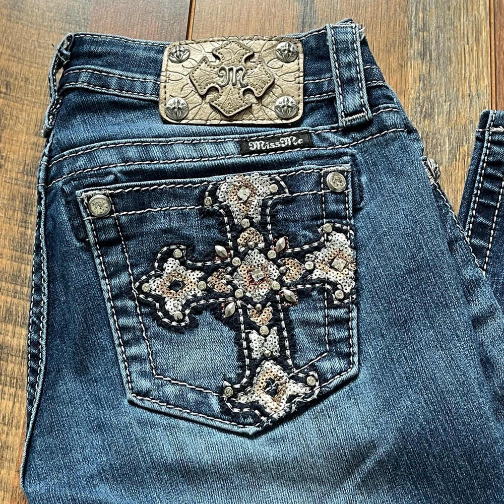 Miss Me Boot Cut Jeans with Embellished Cross Design